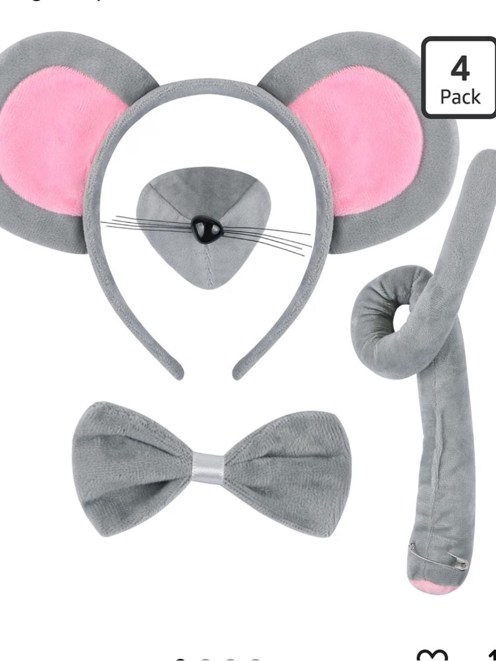 Kids Gray and Pink Mouse Costume Set - Headband, Bowtie & Tail
